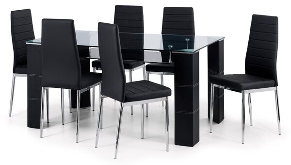 Wich Rectangular Glass Top Dining Table with 6 Chairs Black