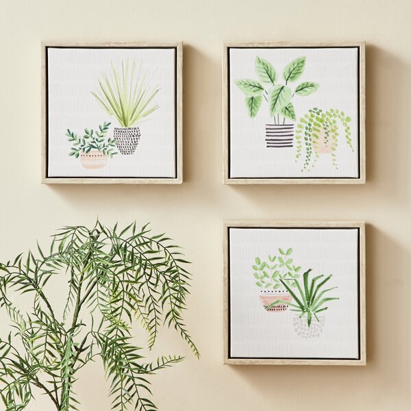 Set of 3 Plants Canvases Green/Black/Pink