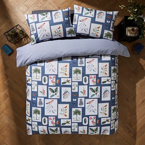 Woodland Blue 100% Cotton Duvet Cover and Pillowcase Set Blue/White/Green