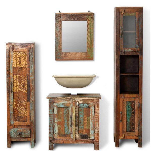 Reclaimed Solid Wood Vanity Cabinet Set with Mirror & 2 Side Cabinets