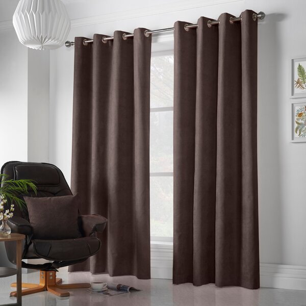 Velvet Chenille Ready Made Eyelet Curtains Chocolate