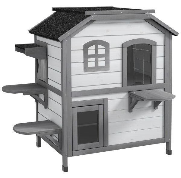 PawHut 2-Storey Indoor or Outdoor Wooden Cat Enclosure Kitty Shelter with Escape Door, Openable Weatherproof & Waterproof Roof, White Aosom UK