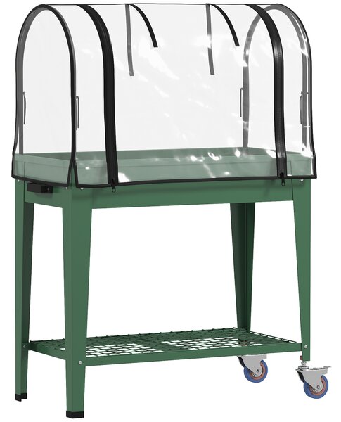 Outsunny Raised Planter with Greenhouse Cover, Mobile Elevated Garden Bed with Wheels and Bottom Shelf for Vegetables, Green
