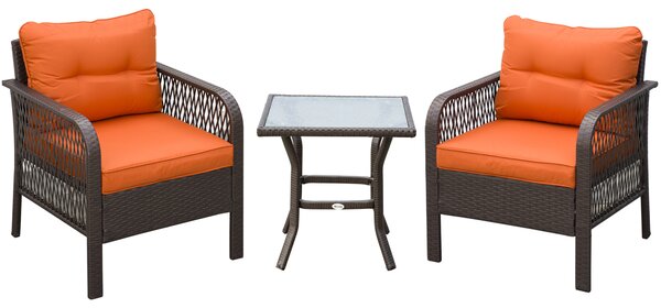 Outsunny 3 Pieces Patio PE Rattan Bistro Set, Outdoor Wicker Coffee Table Armrest Chairs Thick Padded Conversation Furniture for Garden Orange
