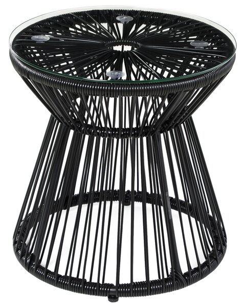 Outsunny Round End Table, Rattan Side Table, Hollow Drum Design Coffee Table w/ Glass Tabletop for Patio, Garden, Balcony Black