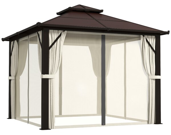 Outsunny 3 x 3(m) Hardtop Gazebo Canopy with UPF30+ Double Polycarbonate Roof, Aluminium Frame Garden Gazebo Permanent Pavilion with Mosquito Netting and Curtains for Patio, Deck, Beige