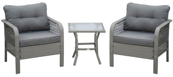 Outsunny 2 Seater Patio PE Rattan Bistro Set, Outdoor Wicker Coffee Table Armrest Chairs Conversation Furniture w/ Cushion, Grey