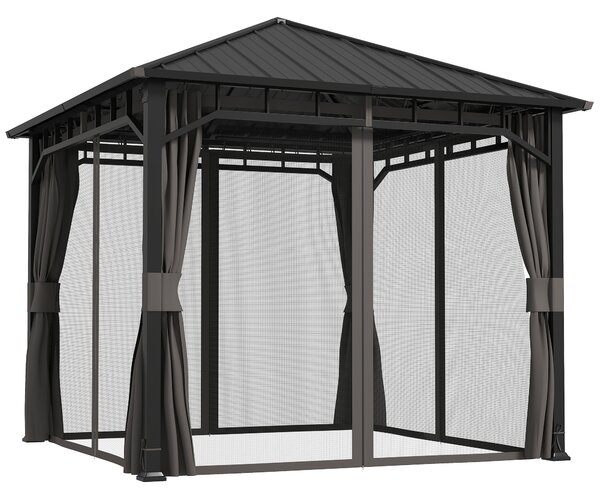 Outsunny 3 x 3(m) Hardtop Gazebo with Galvanised Steel Roof and Water Gutter, Waterproof Permanent Pavilion Garden Gazebo with Netting and Curtains for Patio, Deck