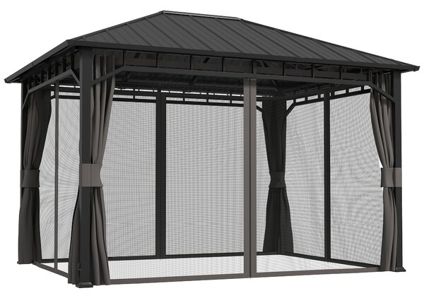Outsunny 3 x 4m Hardtop Gazebo with Galvanised Steel Roof and Water Gutter, Waterproof Permanent Pavilion Garden Gazebo with Netting and Curtains for Patio, Deck