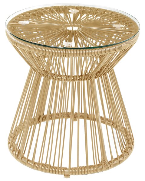 Outsunny Round End Table, Rattan Side Table, Hollow Drum Design Coffee Table w/ Glass Tabletop for Patio, Garden, Balcony Natural
