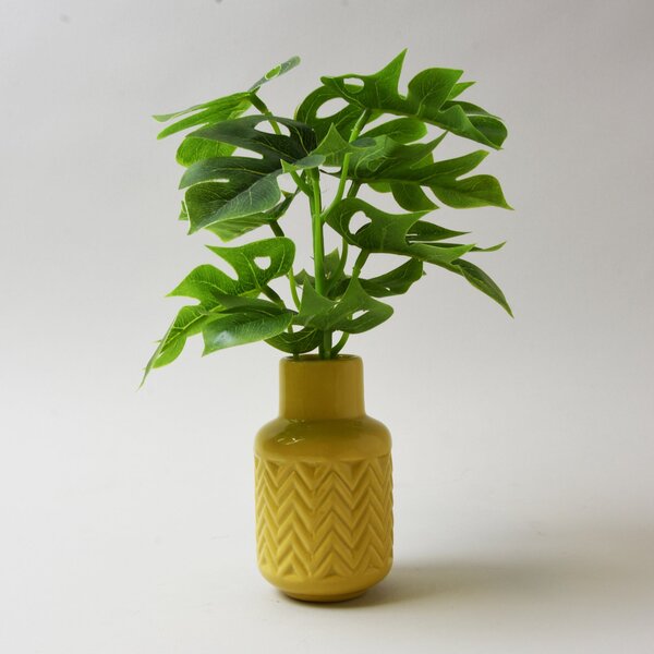 Artificial Cheeseplant in Ochre Ceramic Vase 28cm Yellow/Green