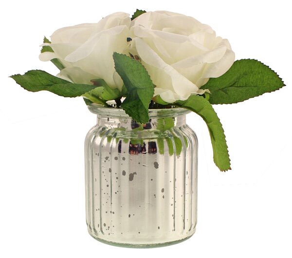 Artificial Roses White in Silver Mercury Vase 18cm White/Silver