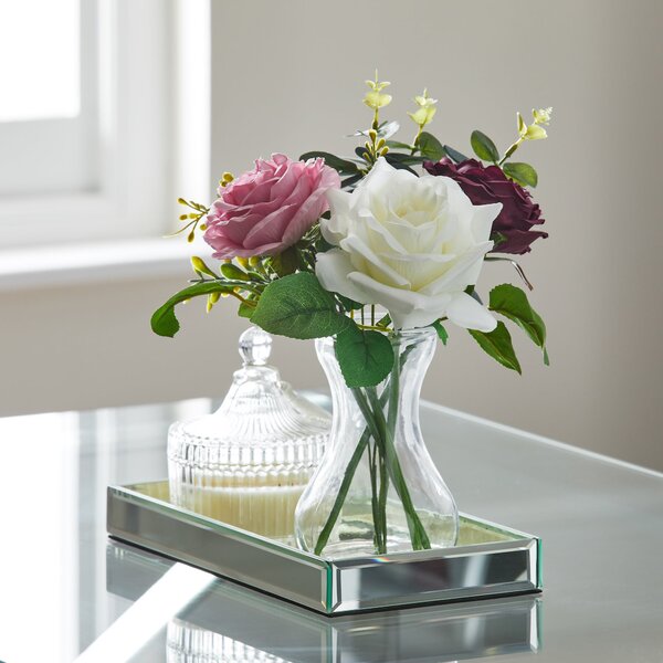 Artificial Roses in Glass Vase Pink/White/Green