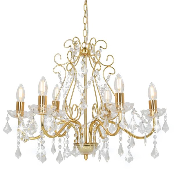 Chandelier with Crystal Beads Golden Round 6 x E14