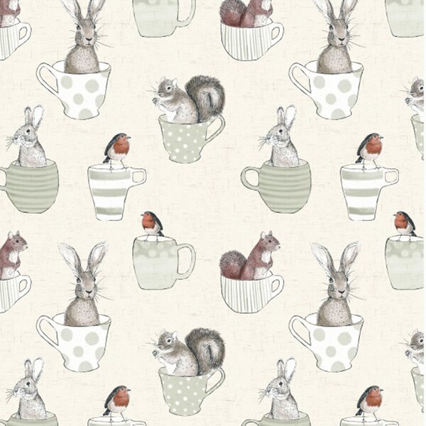 By the Metre Teacups and Creatures PVC Fabric White/Grey/Brown