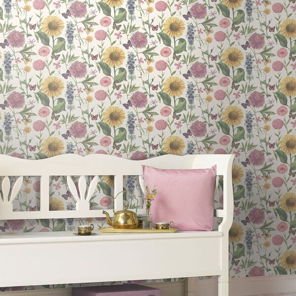 Sunflower-Print White Wallpaper White, Pink and Yellow