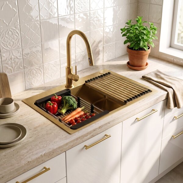 Steel sink with 3-piece accessory set REA Liam Brush Gold