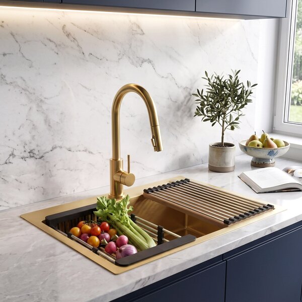 Steel sink with 3-piece accessory set REA Liam Brush Gold