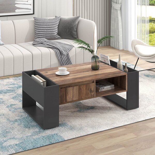 Wood Grain Coffee Table with Handleless Drawer and Doublesided Storage, Modern Coffee Table with Ample Storage, 106.4x60x40 cm, Black+ Gray Aosom.UK