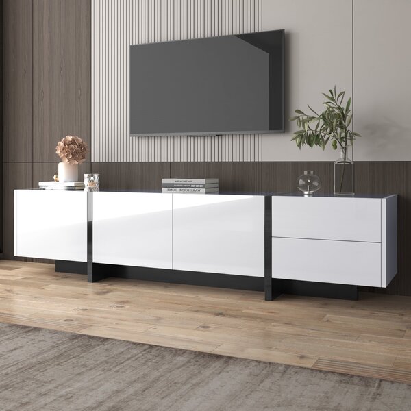 High-Gloss Modern TV Cabinet with Doors and Drawers, Entertainment Center with Storage, Black and White Design, 190x35x45 cm, White Aosom.UK