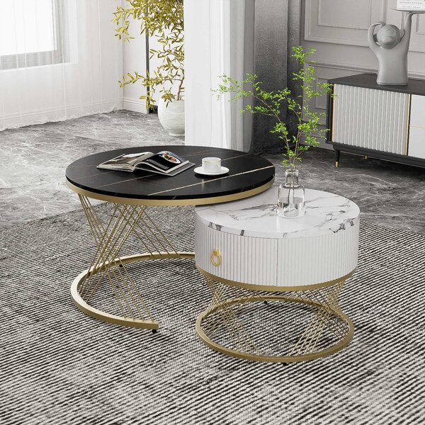 Elegant Nesting Coffee Table Set, Marble Look with Gold Decor, Side Tables for Living Room with Drawers, 70x70x45 cm + 50x50x40 cm, Black Aosom.UK