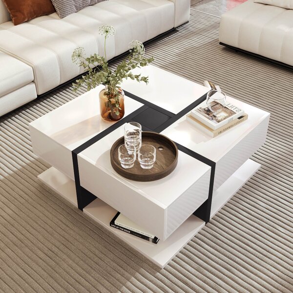 Square Coffee Table with 4 Drawers and Open Storage Compartment, Coffee Table with Unique Pattern and Bottom Storage, 78x78x36 cm, White Aosom.UK