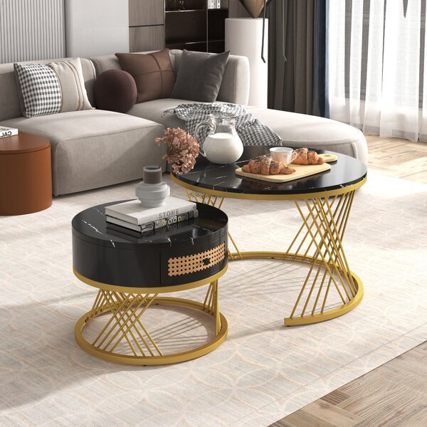 2-in-1 Marble Coffee Table Set with Marble Grain Veneer Top, Rattan Drawers and Solid Wood Handles, Mental Legs, 70x70x45.5 cm, Black+Gold Aosom.UK