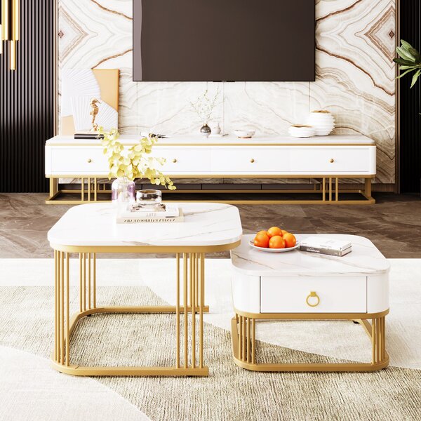 Nestable Marble and Glass Coffee Table Set of 2, High-Gloss Tabletops with Black Metal Legs and Drawers, 60x60x42 cm + 50x50x33.5 cm, White Aosom.UK