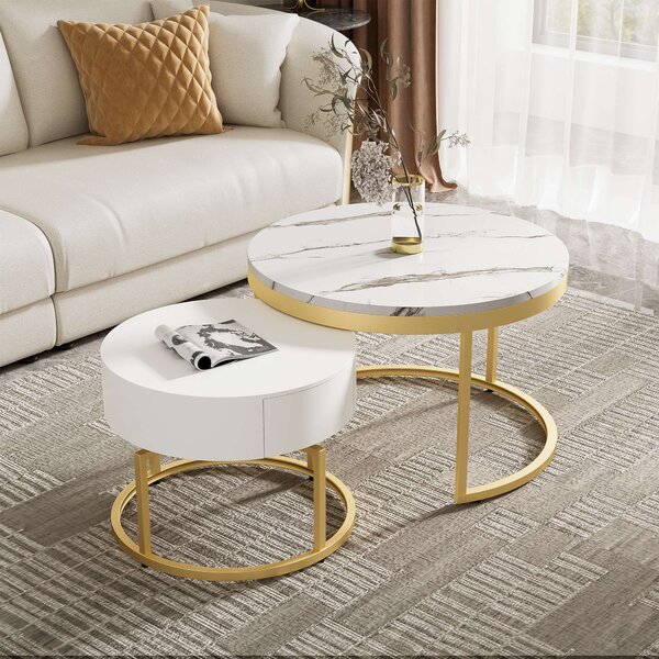 Set of 2 Rotating Round Marble Coffee Table Set, High Gloss Marble Pattern with Golden Metal Frame, 70x70x45 cm + 50x50x38.5 cm, White Aosom.UK