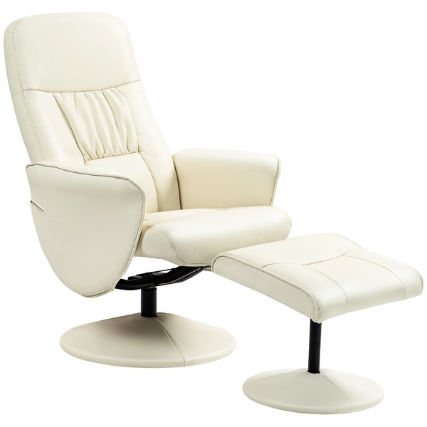 Swivel Recliner Chair with Footstool, HOMCOM PU Leather Armchair and Ottoman with High Back and Round Base for Living Room, Cream White Aosom UK