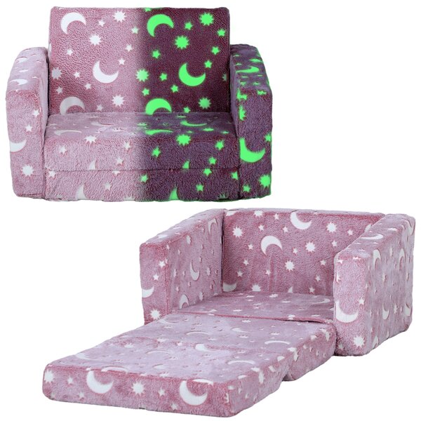 AIYAPLAY Childrens Sofa Beds 2 in 1 Kids Foldable Chair with Glow in The Dark Stars Moon Design, Washable Cushion and Cover, Pink Aosom UK