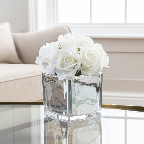 Artificial Roses White in Silver Pot 23cm White/Silver