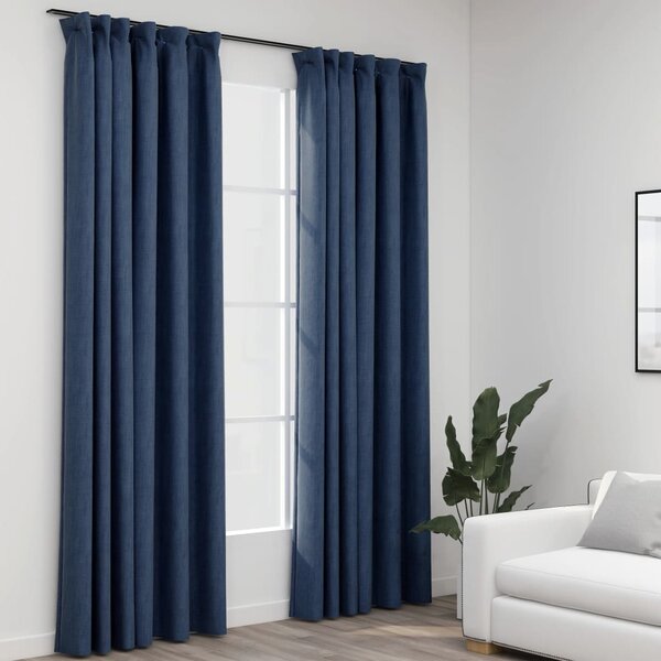 Linen-Look Blackout Curtains with Hooks 2 pcs Blue 140x245 cm