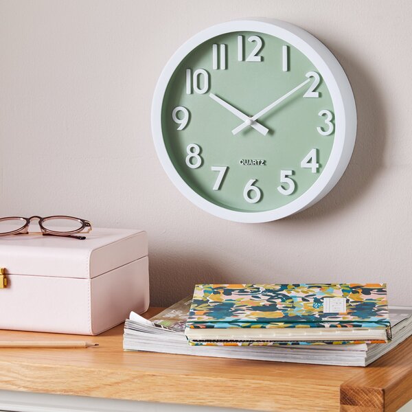 3D Numbers Wall Clock 25cm White/Green
