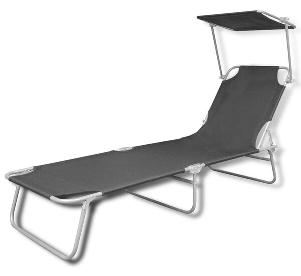 Folding Sun Lounger with Canopy Steel and Fabric Black