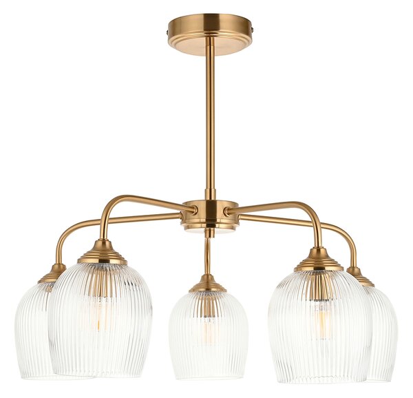 Crocus Ribbed 5Lt Pendant in Brushed Aged Brass and Ribbed Glass