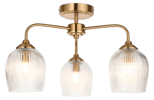 Crocus Ribbed 3Lt Semi Flush in Brushed Aged Brass and Ribbed Glass