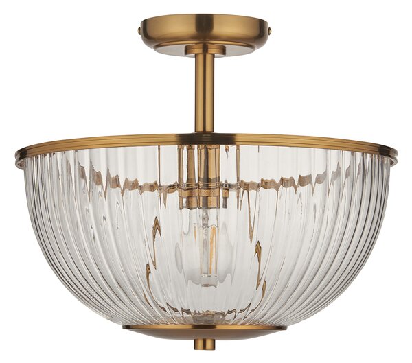 Lenny Uplighter Flush in Vintage Brass Finish and Ribbed Glass
