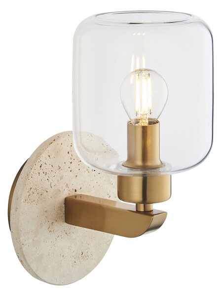 Sloane Wall Light in Natural Travertine, Vintage Brass and Glass