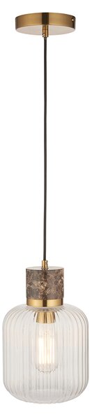 Sloane Ribbed Pendant in Dark Brown Emperador Marble, Vintage Brass and Ribbed Glass