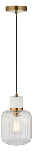 Sloane Ribbed Pendant in White Volakas Marble, Vintage Brass and Ribbed Glass