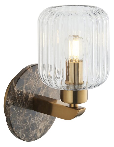 Sloane Ribbed Wall Light in Dark Brown Emperador Marble, Vintage Brass and Ribbed Glass