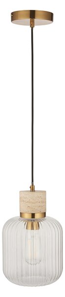 Sloane Ribbed Pendant in Natural Travertine, Vintage Brass and Ribbed Glass