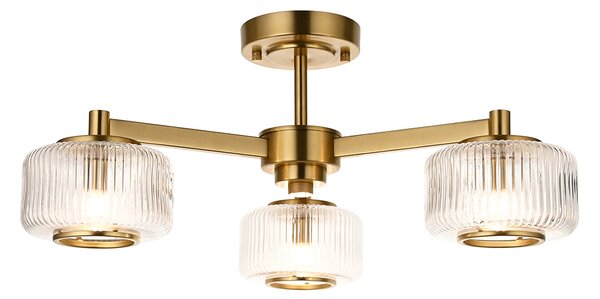 Boxford 3Lt Semi Flush in Brushed Aged Brass and Ribbed Glass