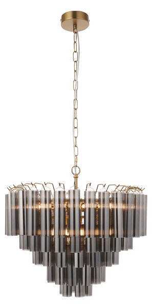 Olsen 12Lt Pendant in Satin Brass and Smokey Grey Lustre Glass