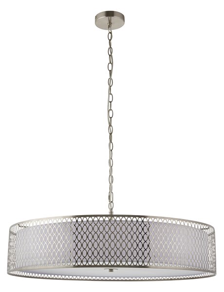 Simone 5Lt Grand Pendant in Satin Nickel, White Fabric and Frosted Glass