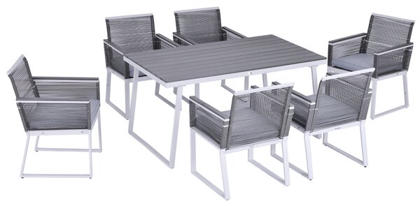 Outsunny 6-Seater Garden Dining Set w/ PE Rattan Cushioned Chairs and Rectangle Table, Box-shaped Frames, Grey