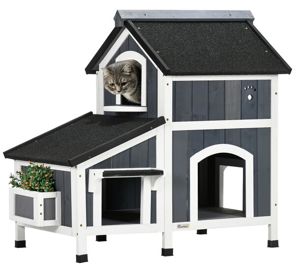 PawHut Wooden Cat House Outdoor with Flower Pot, 2 Tiers Cat Shelter with Window, Multiple Entrances, Water-resistant Roof, Grey