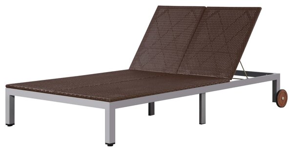 Double Sun Lounger with Wheels Poly Rattan Brown