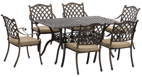 Outsunny 6-Seater Patio Dining Set with Umbrella Hole, Cast Aluminum Patio Furniture Set with Six Cushioned Chairs and Rectangle Dining Table, Bronze